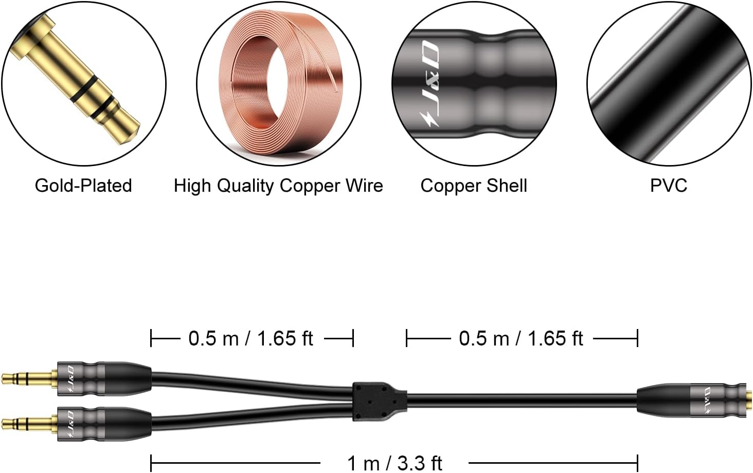 3.5mm 3極 メス プラグ 金メッキ – 伊藤屋オンラインストア J&amp;D 3.5mmから2X 3.5mmケーブル、金メッキジョイント銅シェル 高耐久 3.5mm 1/8インチ TRSメスから