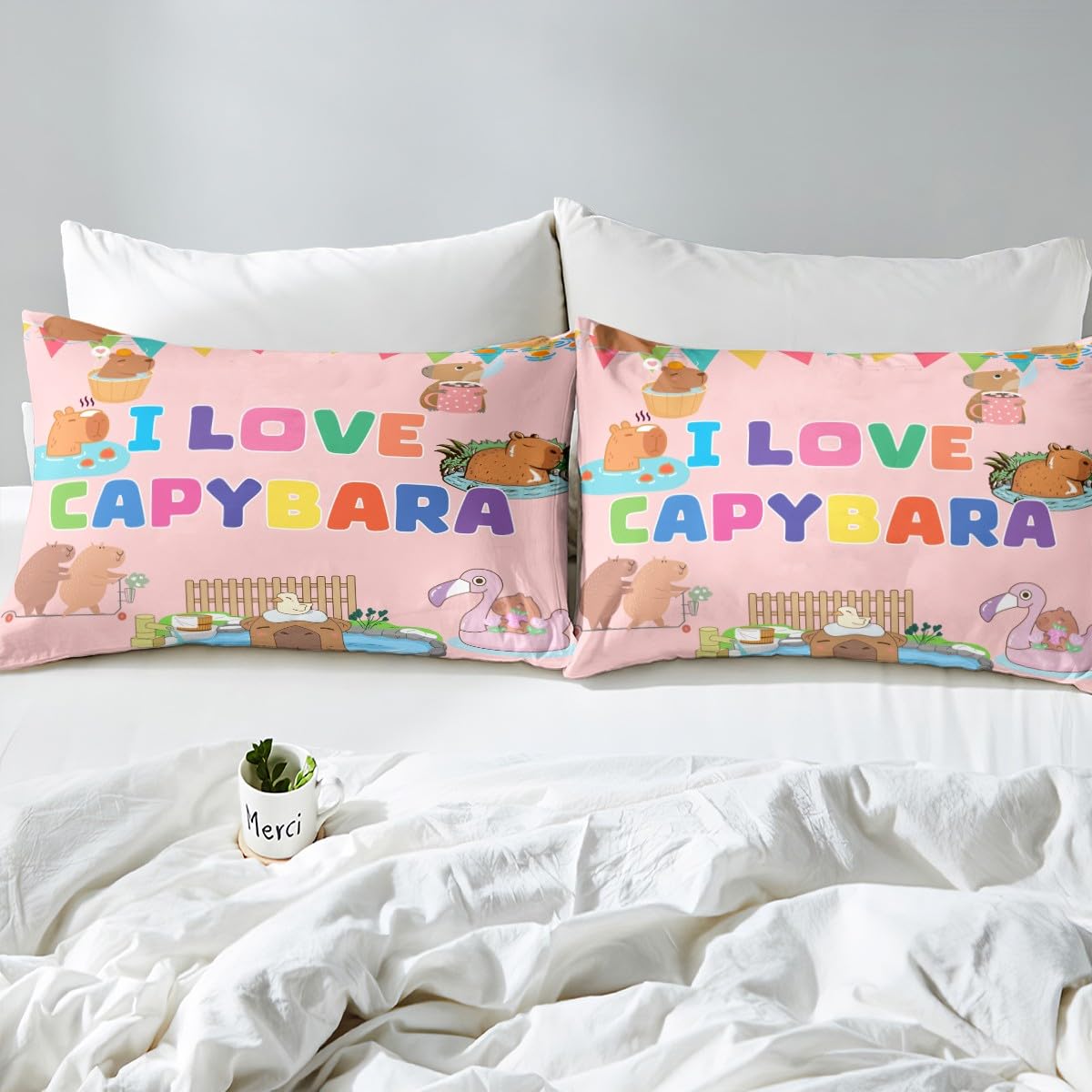 Juego de ropa de cama Capybara para niños y niñas, funda de edredón con diseño de animales de dibujos animados, decoración de habitación rosa, divertida funda de cama de 3 piezas