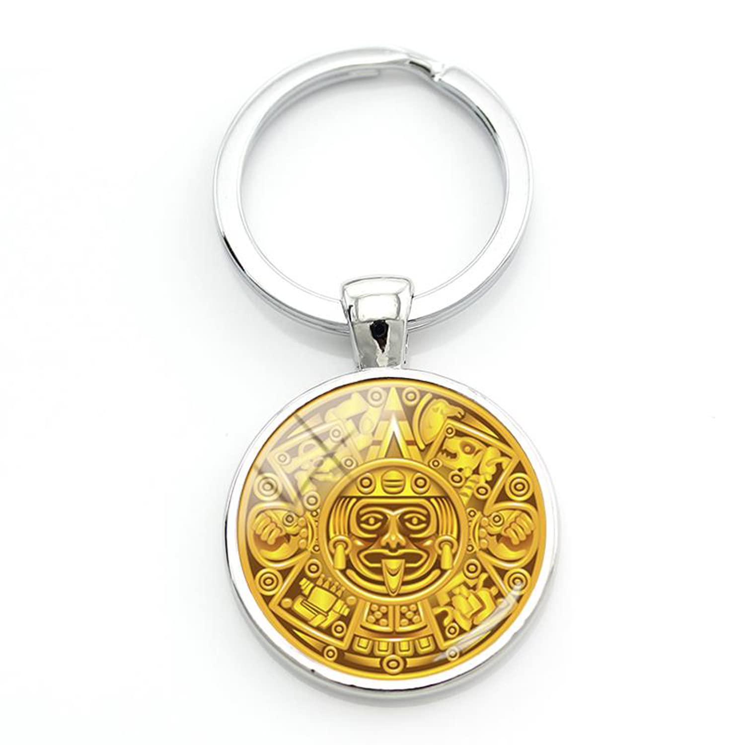 Zeia3 Men's Brown Vintage Mayan Calendar Keychain Antique Sun Astronomy Archaeology Aztec Calendar Key Chain Ring Holder