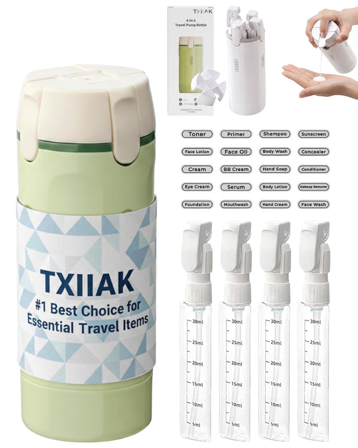 Photo 1 of 4 in 1 Travel Dispenser Bottle Refillable Cosmetic Liquid Containers, Squeeze Pump Shampoo Conditioner Bottles Essentials Toiletries Leakproof, Air Traveling Portable Set Vacation Essentials