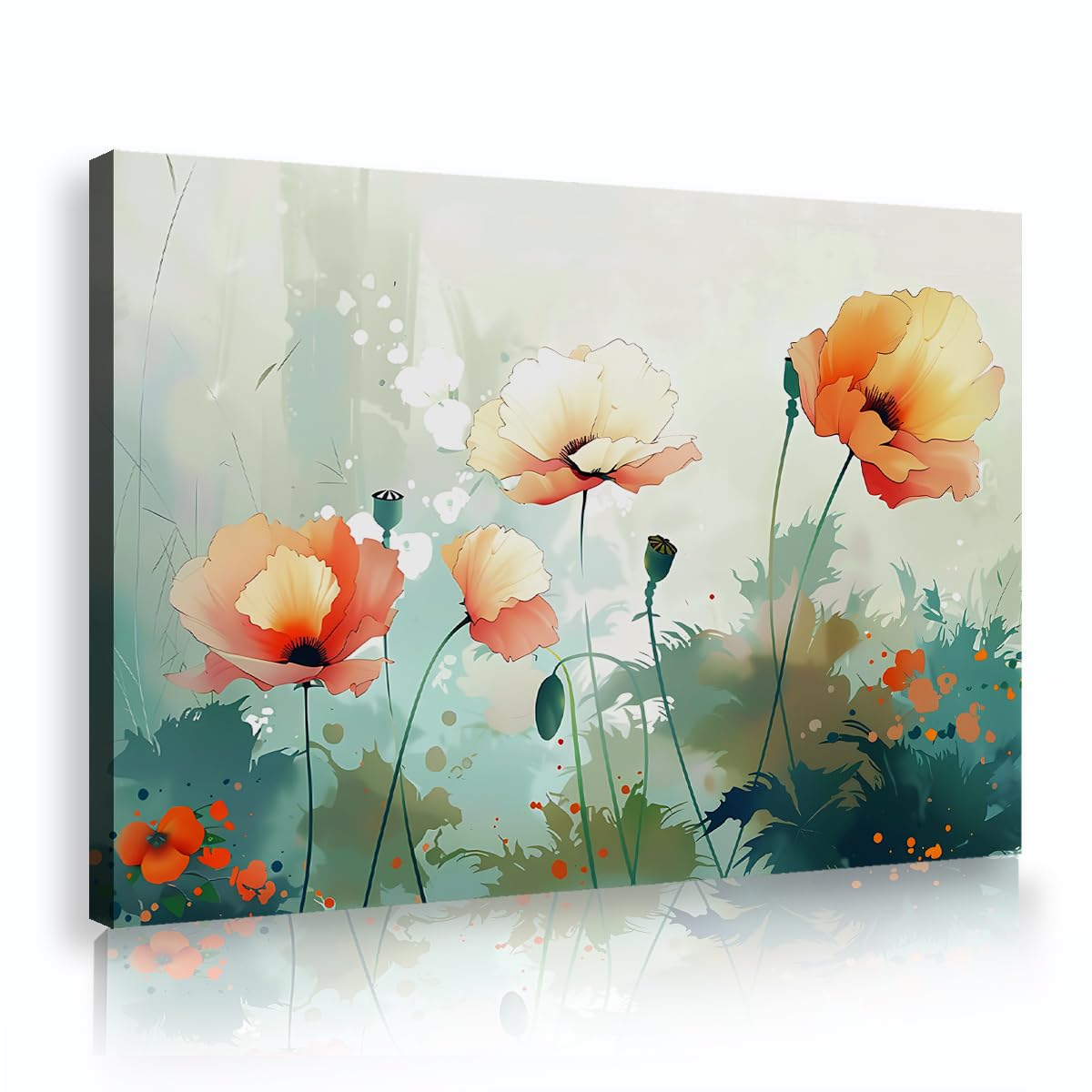 Via Vela Orange Poppies Framed Canvas Wall Art Watercolor Wildflower Field Picture Elegant Botanical Blossom Poster Prints For Kitchen Dining Room Decor 70x110cm