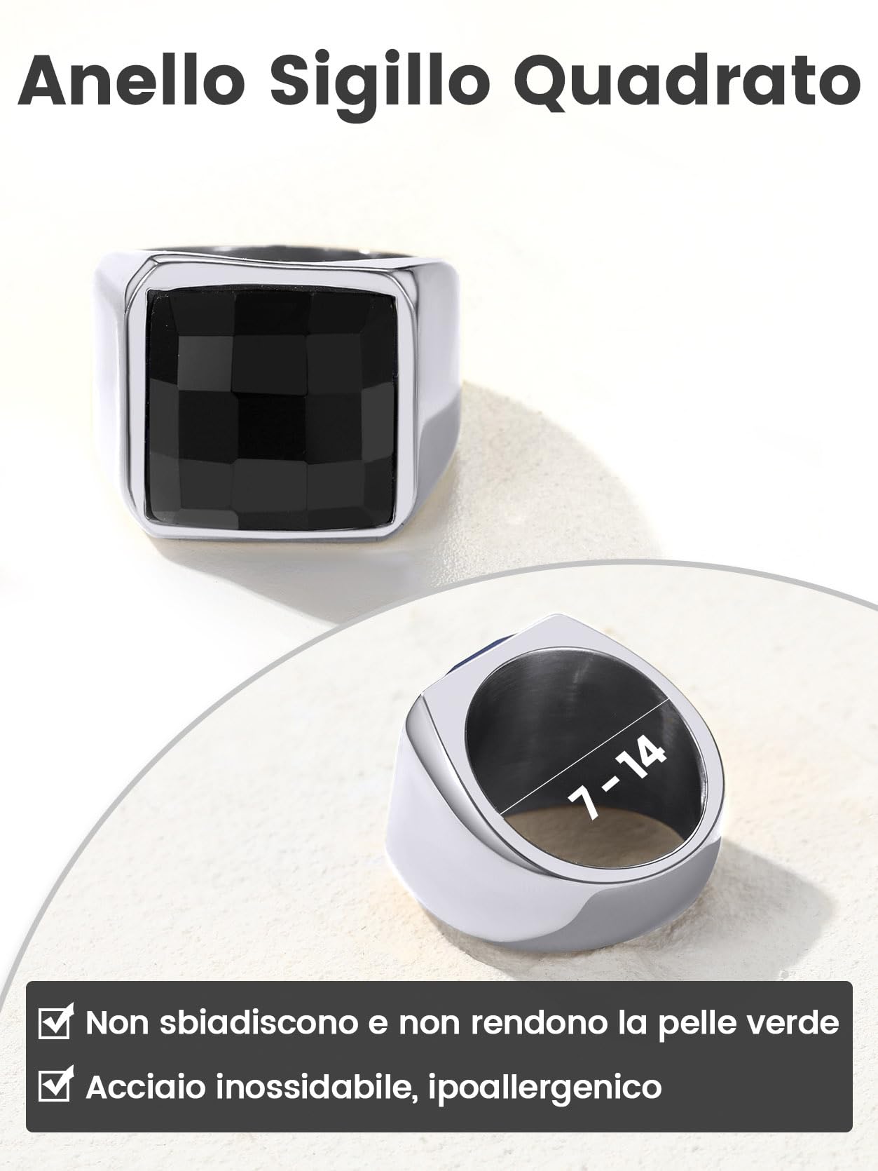 GoldChic Misura 30 Ossidiana 15MM Anello Uomo Argento Pietra Alta Trasparenza Intarsio 3D Tagliato a Diamante Anello Acciaio