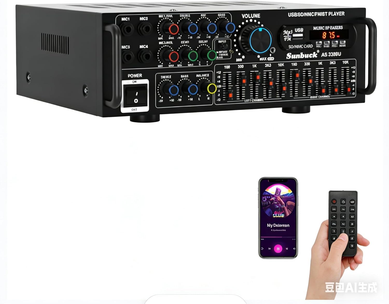 Amplificador Hifi estéreo con Bluetooth 5.0, 2000 W, receptor de audio, karaoke FM USB SD AUX, preamplificador Hifi 5 bandas, mezclador ecualizador de 5 bandas, 4 entradas de micrófono,