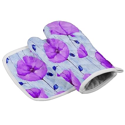 Purple Flower Insulation Gloves and Pot Holders Polyester Heavy Duty Cooking Gloves for Cooking Baking Grilling Pot Holders Sets 2 PCS Botanical Plant Artistic Oil Painting