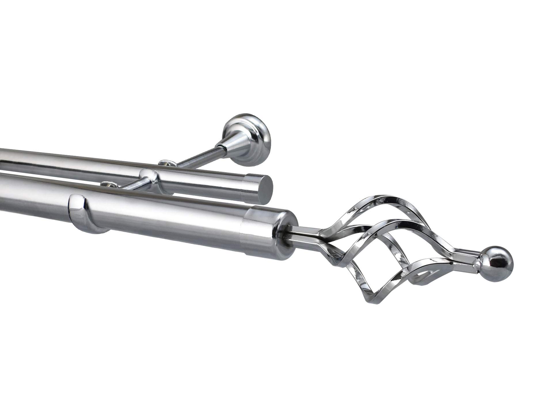 Metal Double Designer Curtain Pole Rod Set Diameter 28mm 19mm Chrome Including Brackets, Rings & Finials (2.2m, Roma Finial)