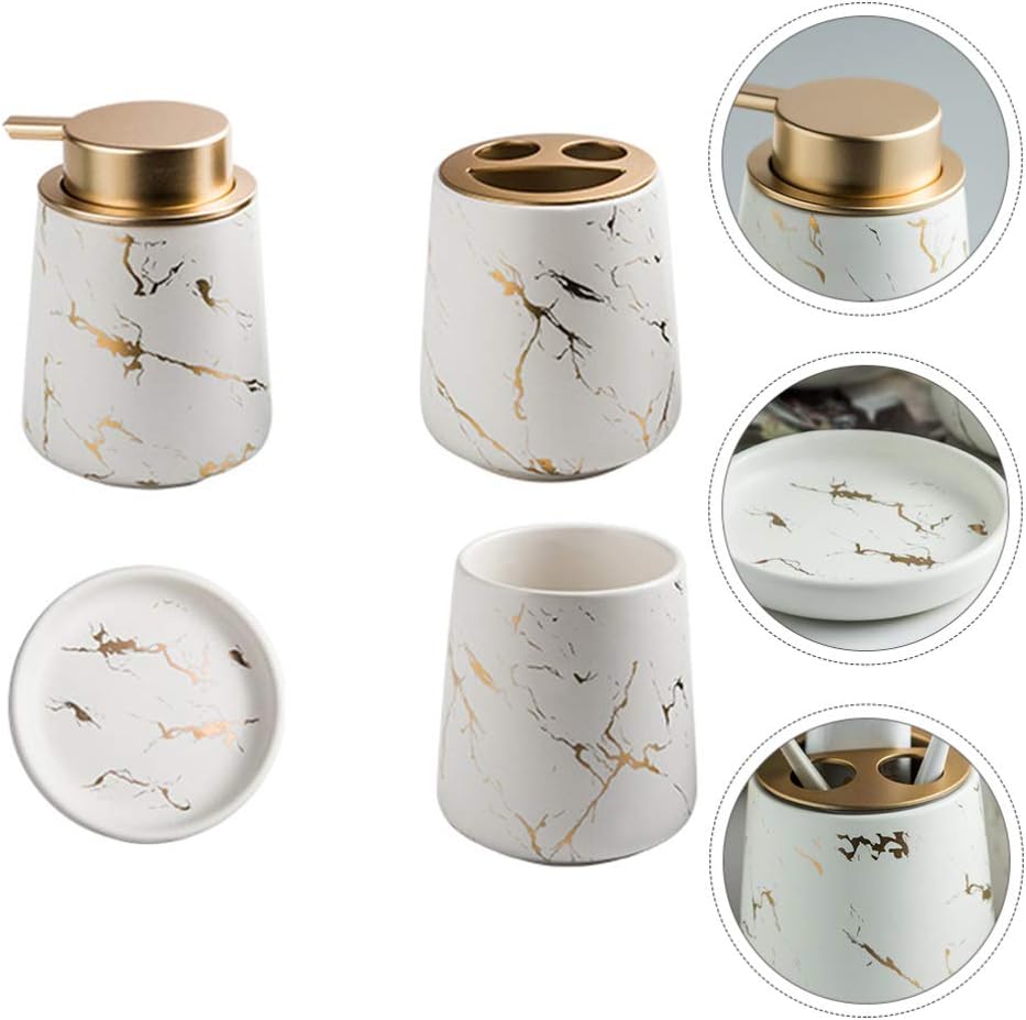 Dresser Decor 4pcs White Bathroom Accessories Set with Soap Liquid Dispenser Toothbrush Holder Tumbler Cup Soap Dish and Organizer Tray for Home or Hotel Tumbler Sets
