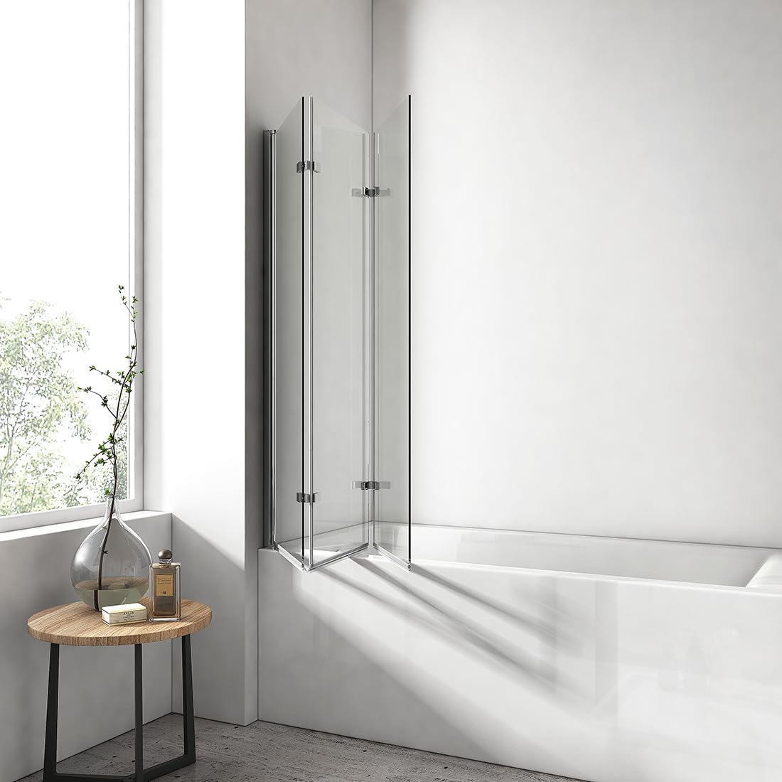 EMKE Parete vasca da bagno pieghevole 130 x 140 cm, 3 pannelli girevoli, vetro vasca da bagno in vetro di sicurezza da 6 mm, oscillazione di 180°, Telaio cromato stile industriale, nano-rivestito