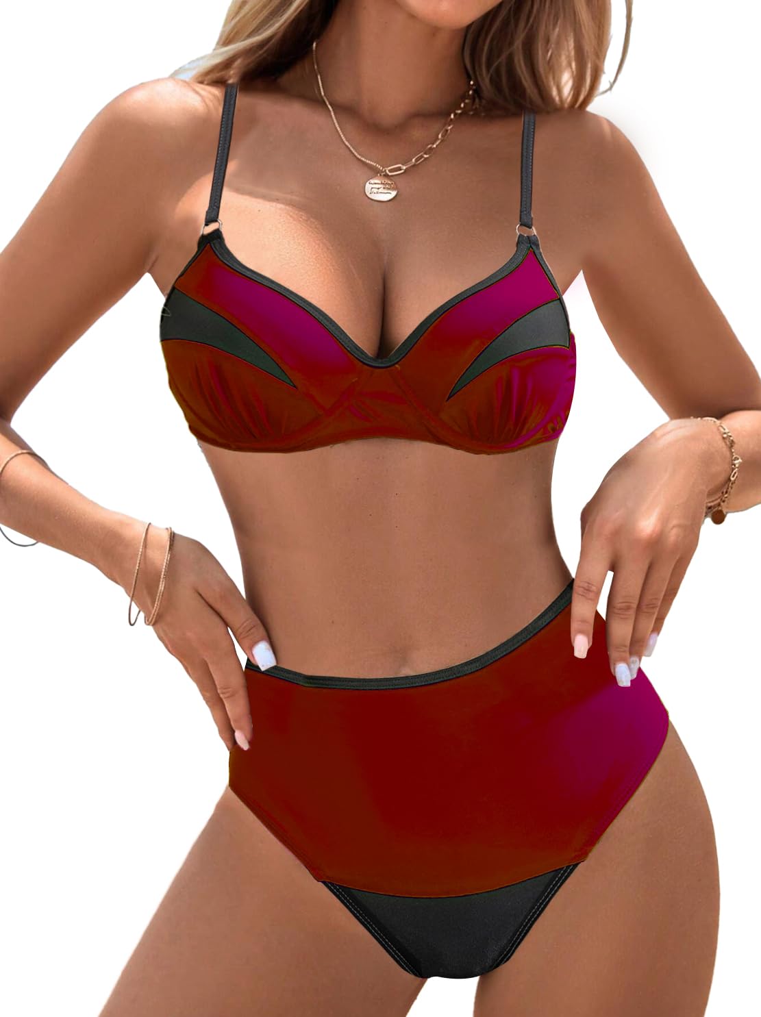JFAN Bikini Mujer Bañadores Mujer Push Up Bañadores Mujer Reductores Cintura Alta Traje De Baño Bloque de Color