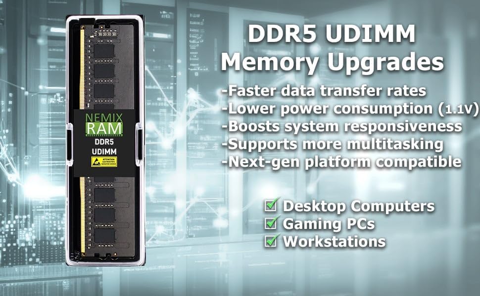 Miniatura 4 de NEMIX RAM 64 GB (4 x 16 GB) DDR5 5200 MHZ PC5-41600 1Rx8 1.1V CL44 288-PIN non-ECC Unbuffered UDIMM Desktop PC Kit de memoria compatible con ASRock