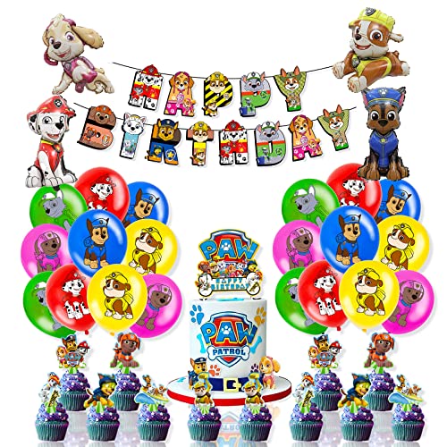 Paw Dog Patrol Deko Geburtstag,Geburtstag Latexballon Bunte, Papier Cupcake Topper, Karikatur Dog Geburtstags Dekoration, Folienballon Paw Geburtstag Dekoration Luftballon Cover