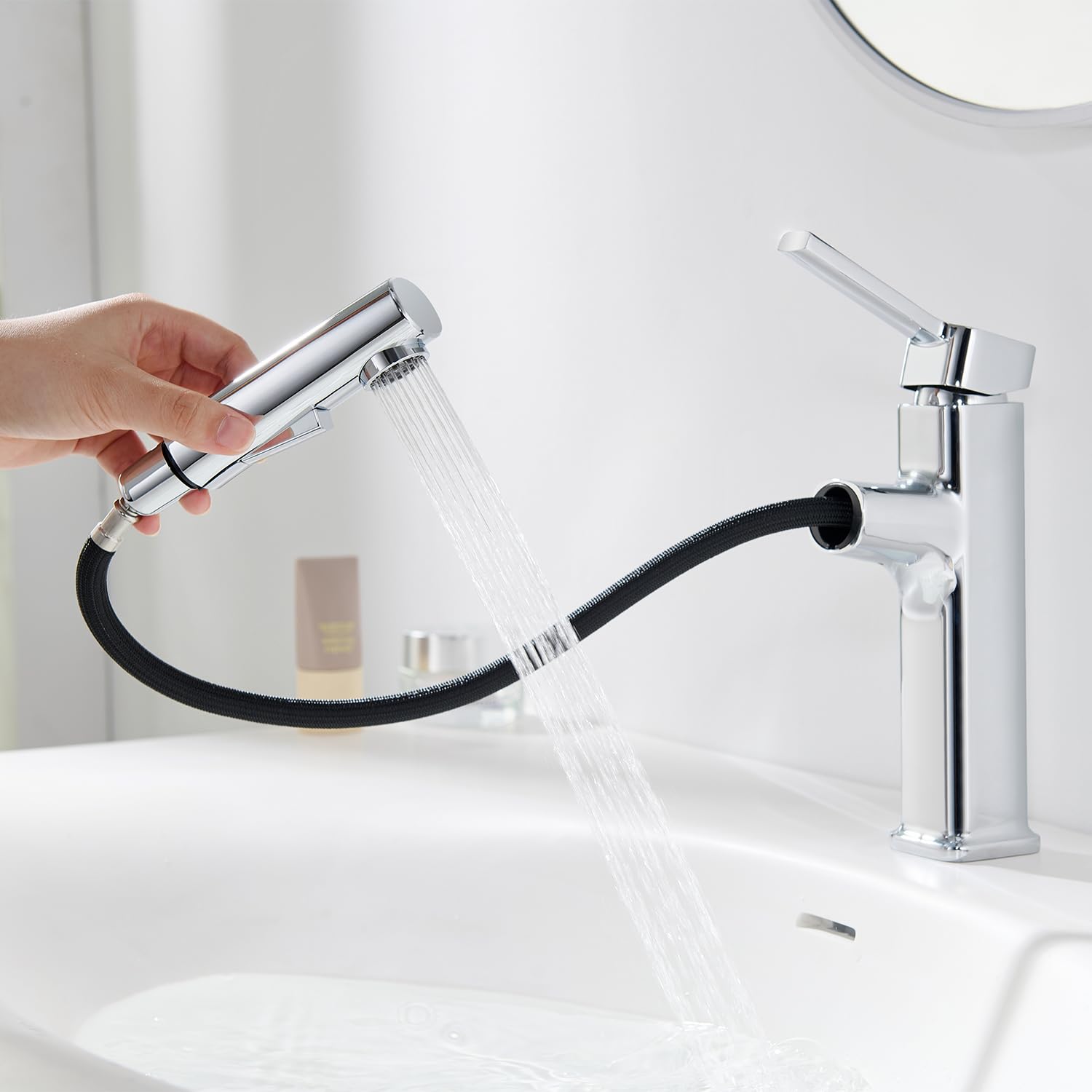 Grifo Lavabo Extraible en 2 Modos, Grifo Baño Cromado Mezclador Monomando Extensible para Hogar y Comercial, Acero Inoxidable, Diseño Moderno