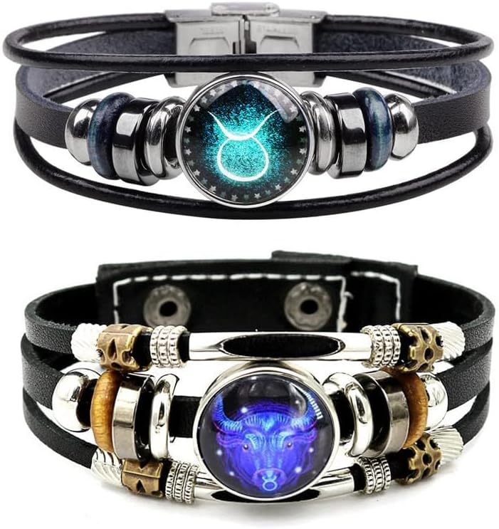WLL 2Pcs Multilayer Constellation Zodiac Leather Bracelet for Women Men Handmade Woven Zodiac Sign Wrap Wristband Bracelet Couple BFF Birthday Jewelry