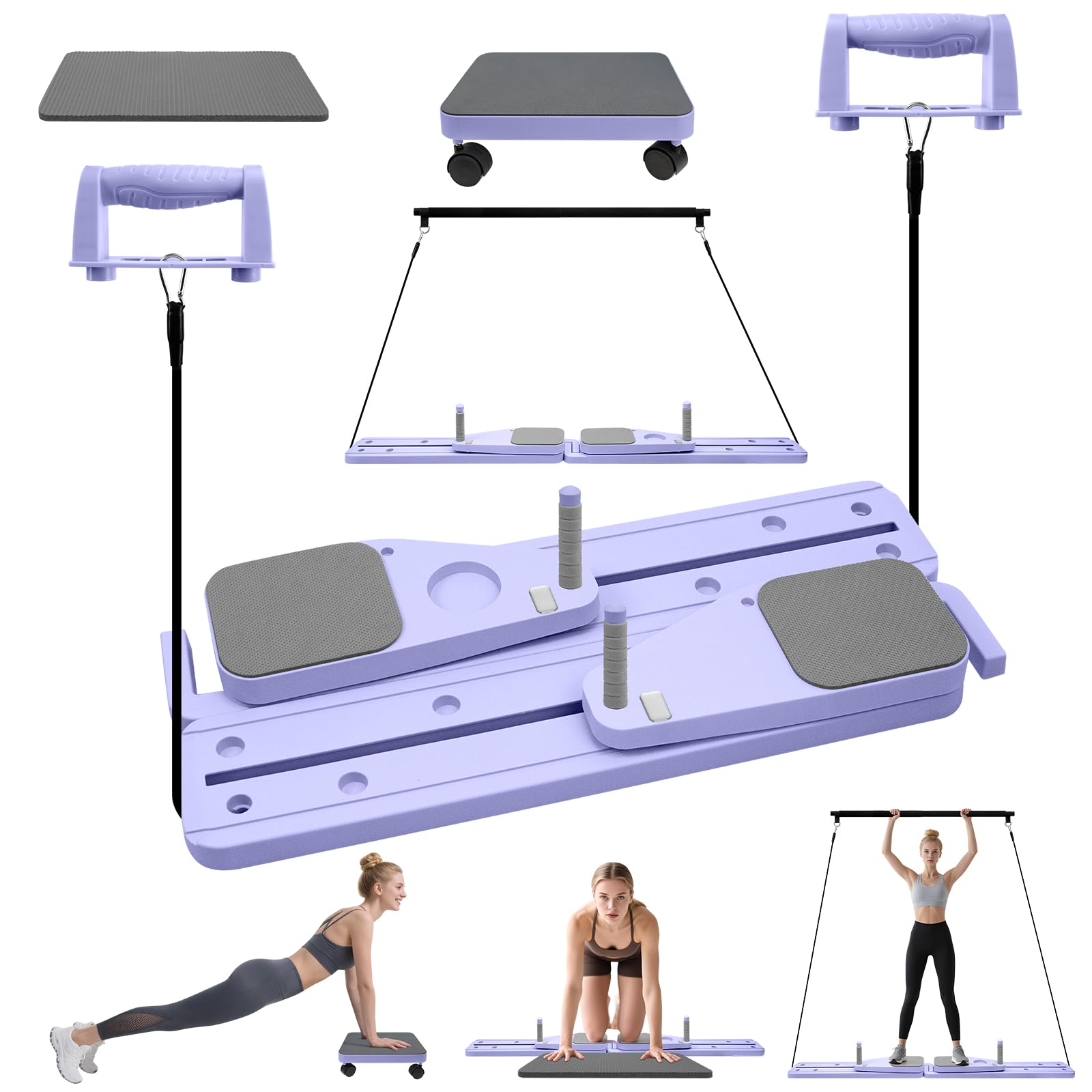 Pilates Reformer Machine, 6 in1 Multifunctional Abdominal Board, Foldable Pilates Board, Portable Pilates Reformer with Rebound Ab Roller, Tension Rope, Push Up Bars & Timer for Body Workout