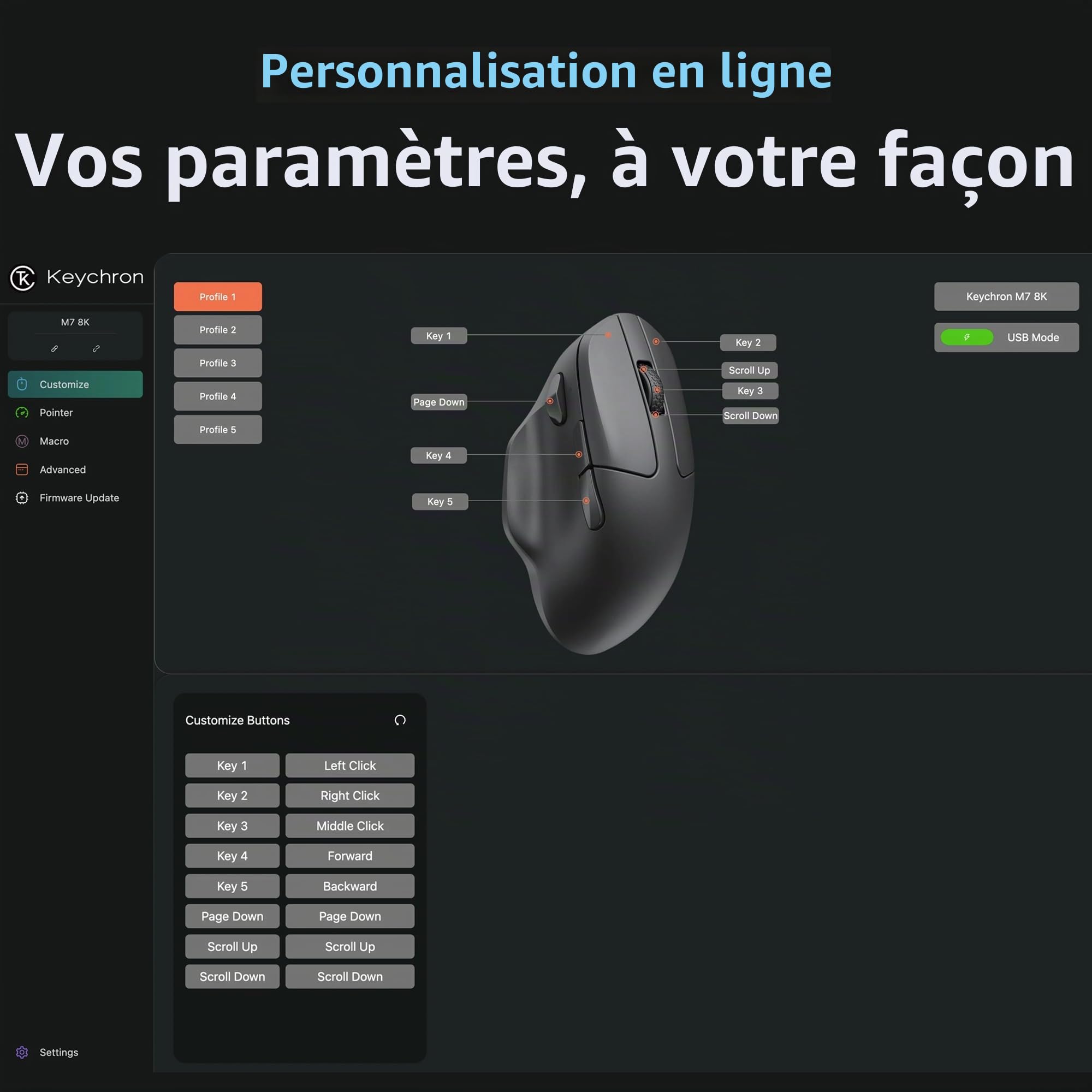 Keychron M7 8K Souris Gaming sans Fil, 30 000 DPI, 2,4 GHz/Bluetooth 5.3/Filaire, avec Bouton Macro, 66g, 140 Heures d'Autonomie, Souris Optique Ergonomique pour macOS et Windows - Noir