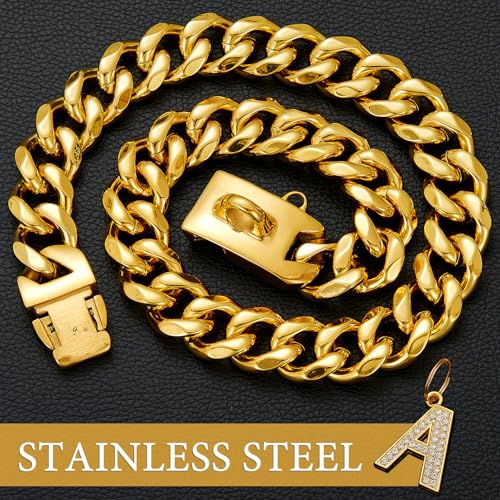 Goldenes Hundehalsband mit Anhänger,Edelstahl-Walking-Metallhalsband,19mm breit, schweres kubanisches Glied,Starke,kausichere Halsbänder für mittelgroße und große Hunde(35cm)