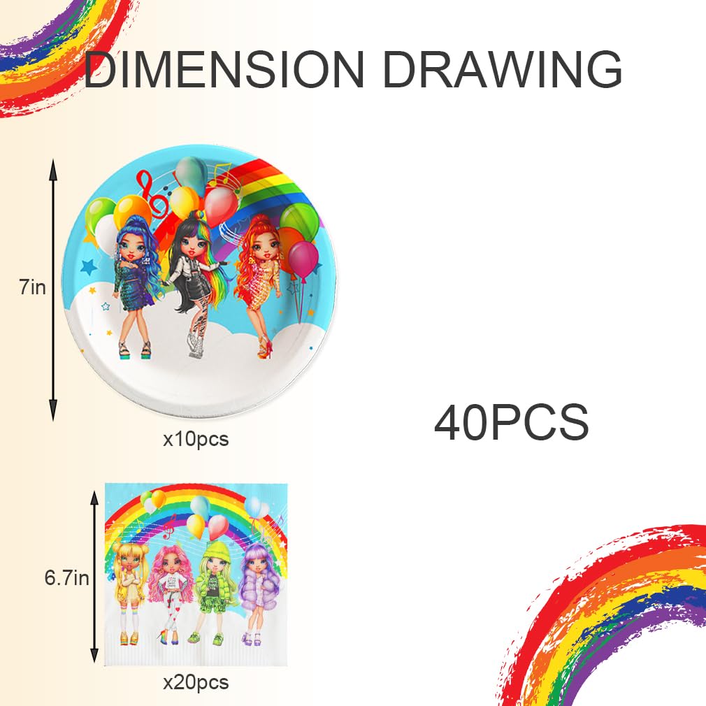 Rainbow High Dolls Party Supplies - 20 Plates & 20 Napkins Set For Birthday