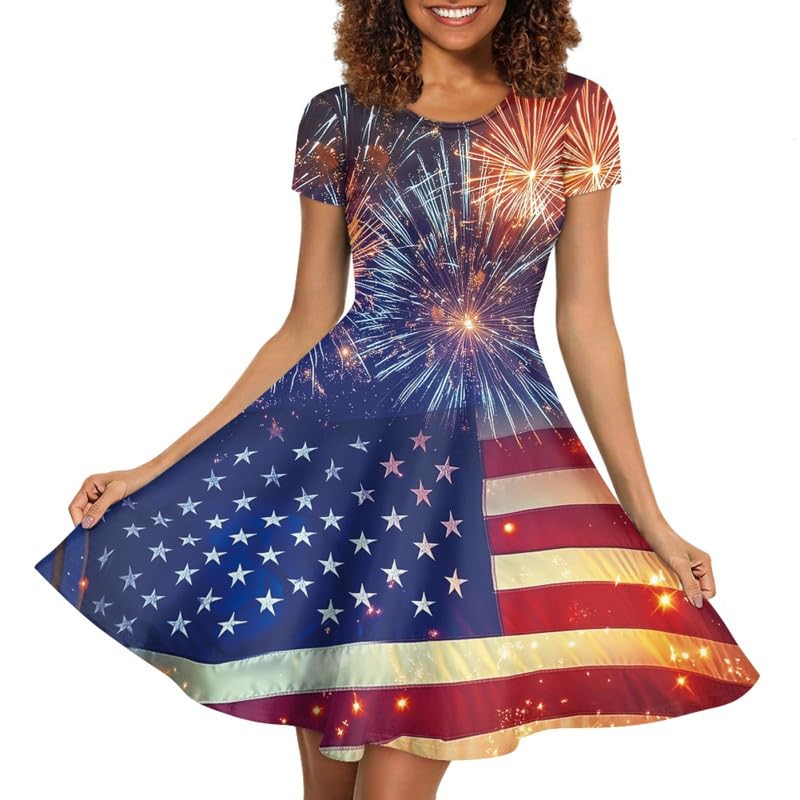 Image of Irisjudy T Shirt Dress for Women Short Sleeve Girls Short Sleeve Dress Plus Size, O Neck Knee Length Midi Dress for Ladies
