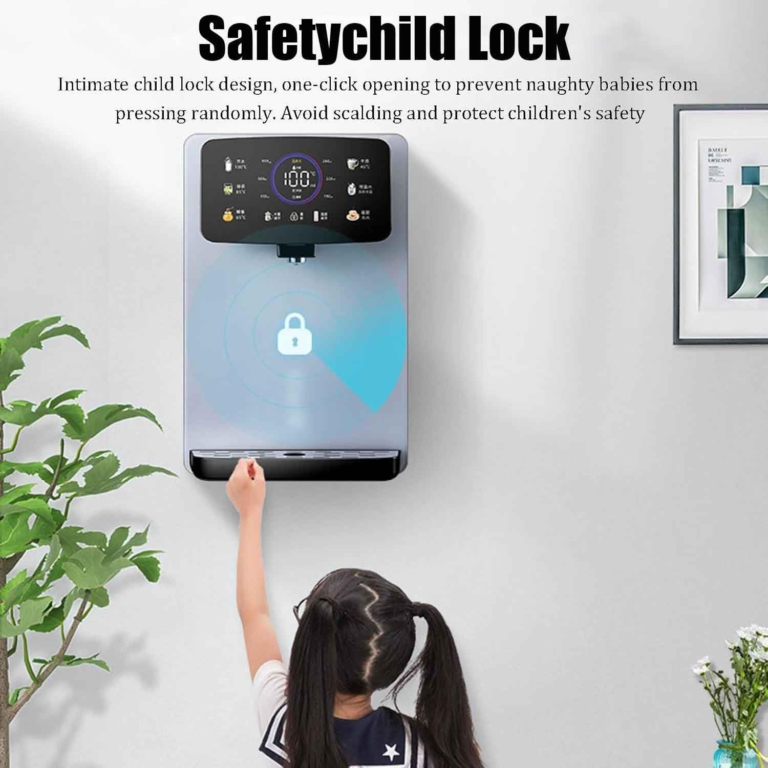 Dispensador de agua caliente, montaje en pared, calentamiento rápido de 2200 W, bloqueo electrónico para niños, tubo de calefacción de acero inoxidable integrado, 13 ajustes de temperatura