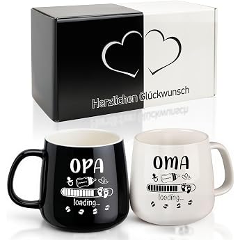 TUZELIYA Grandma & Grandpa Coffee Cups Set - Gift for Expecting Grandparents 350 ml Black and White Mugs for Pregnancy Baby Shower Birthday