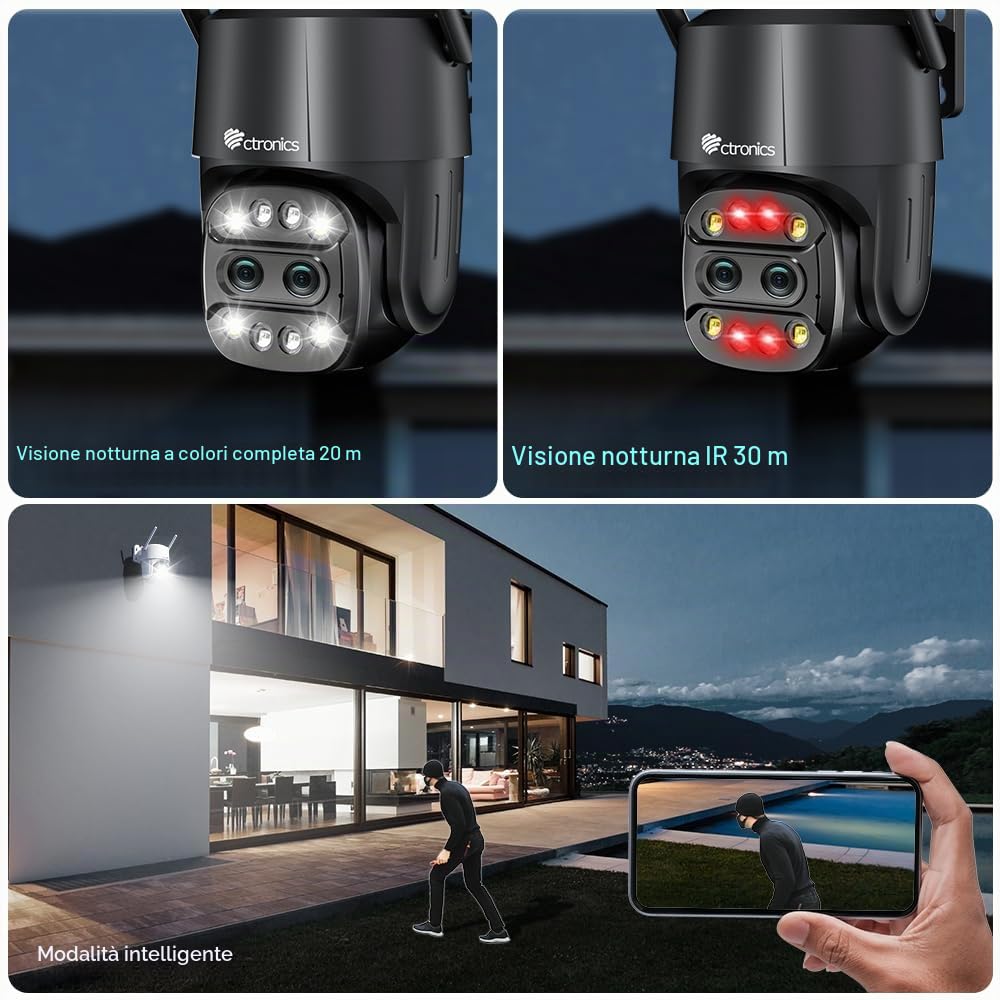 Ctronics Zoom Ibrido 6X Videocamera Wi-Fi Esterno con Doppio Obiettivo | Tracciamento Zoom Automatico Sorveglianza, Rilevamento Umano Visione Notturna a Colori Audio Bidirezionale IP66 (Nero)