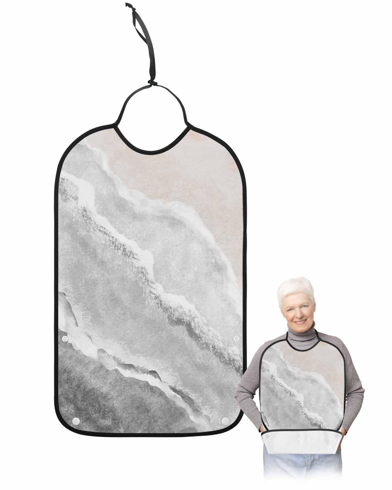 LEOKOTI Grey Summer Beach Adult Bibs for Eating, Waterproof Bibs with Food Catcher & Adjustable Snap Closure, Coastal Nautical Ocean Seaside Washable Clothing Protectors Adult Bibs for Elderly