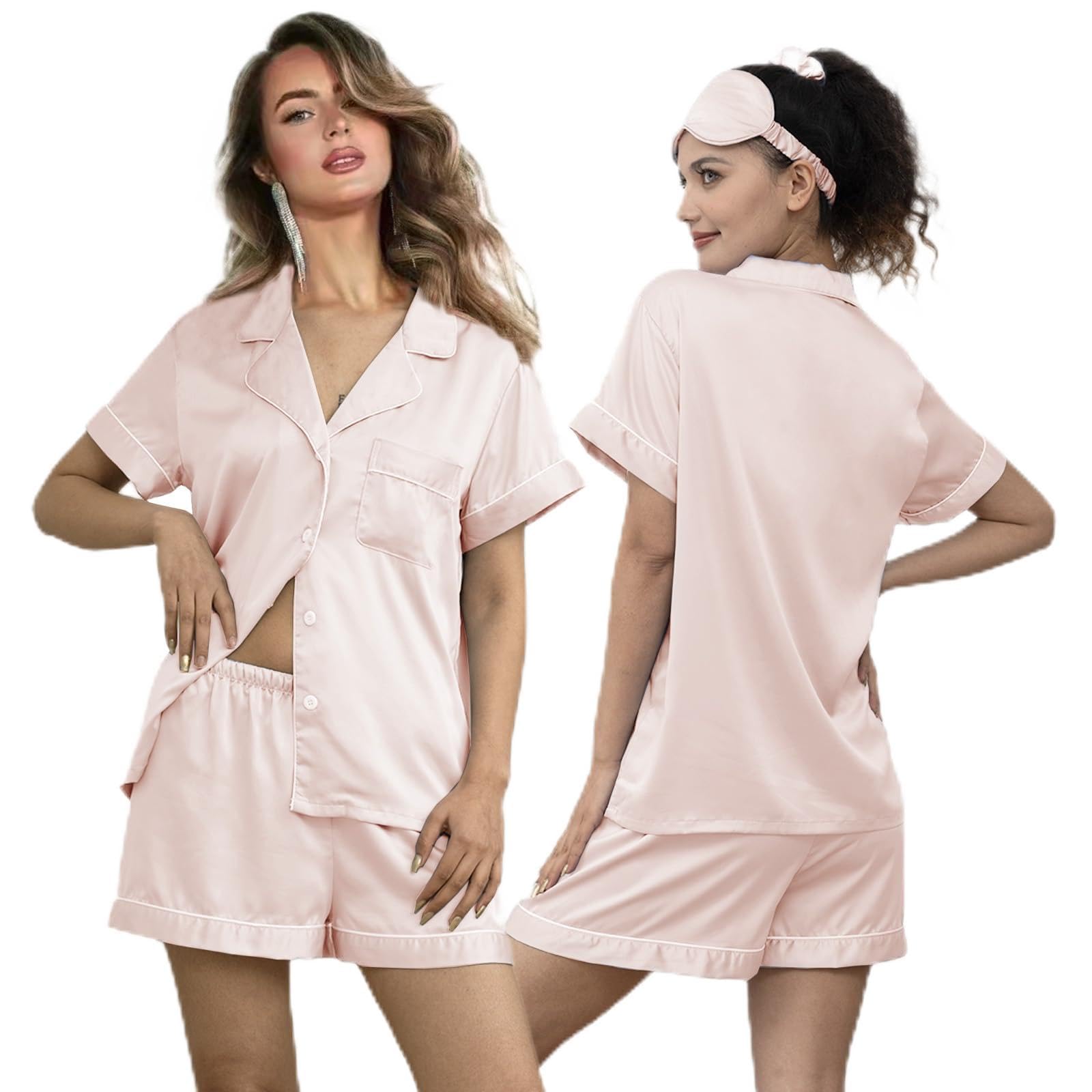 WJing Yi Jia 5Pcs Womens Soft Satin Pajama Set XS-4XL Button-Down Silk Pajamas Floral Sleepwear Bridal Pjs Lounge Pj Sets