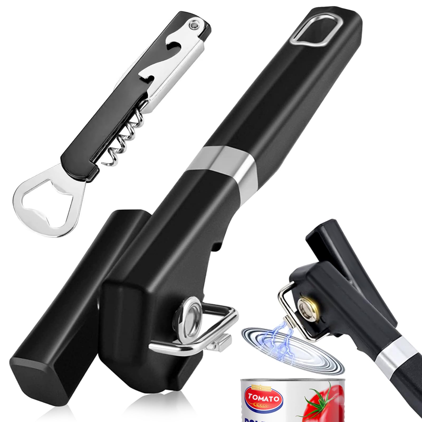 Can Opener Tin Bottle Cap Lifter, Hand Held Multi-Functional Magnetic Tin Openers Stainless Steel That Work with a Corkscrew (Black)