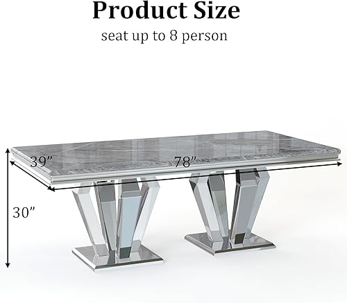 Miniatura 2 de ACEDÉCOR Mesa de comedor moderna de lujo de 78 pulgadas para 6 a 8 pulgadas parte superior rectangular gris y base de acero inoxidable plateado