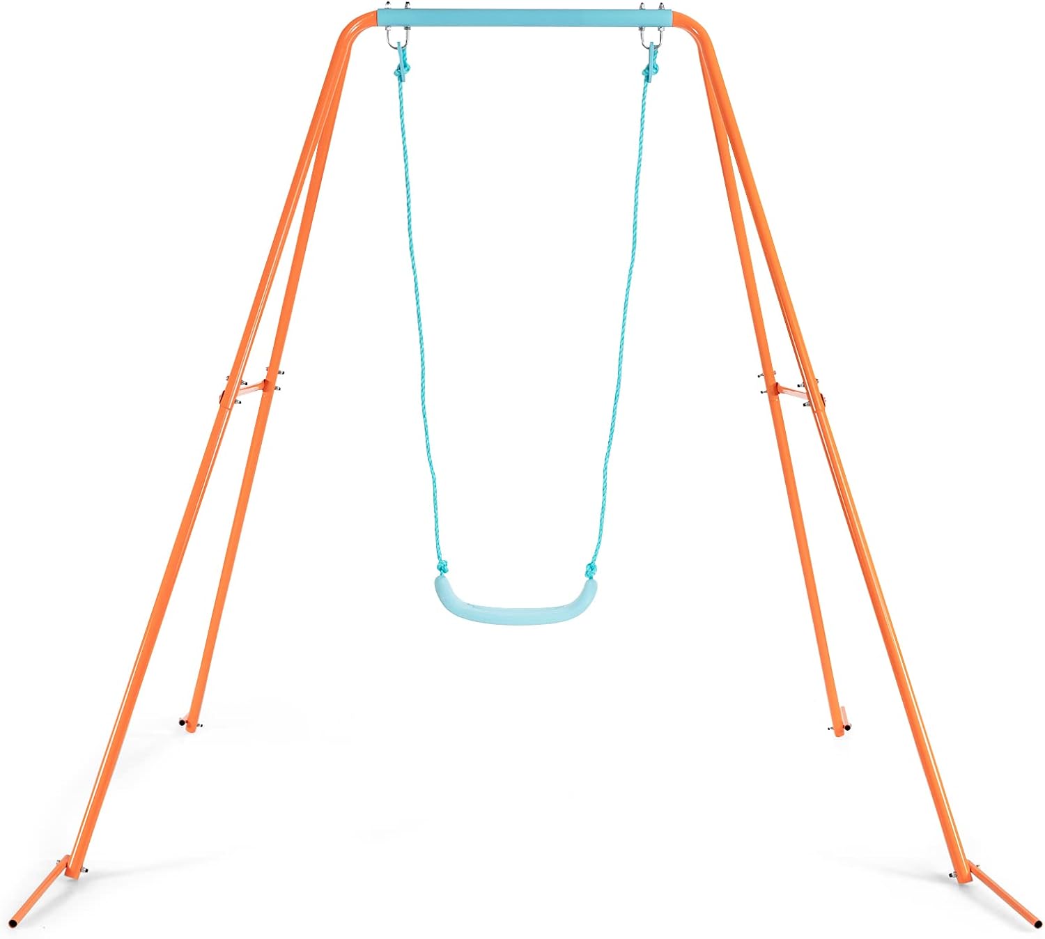 HONEY JOY Metal Swing Frame Set, Heavy Duty A-Frame Toddler Swing Stand with Belt Swing, 4 Ground Stakes, Outdoor Full Steel Swing Sets for Backyard (Orange)