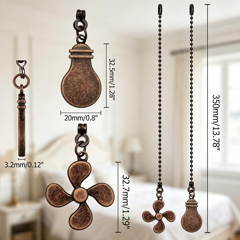 Image of 4pcs Ceiling Fan Chain Extender Light Pull Chain Set, 12 Inch Ornaments Extension Chains with Decorative Light Bulb and Fan Cord for Ceiling Light Lamp Fan Chain,Bronze and Red Bronze