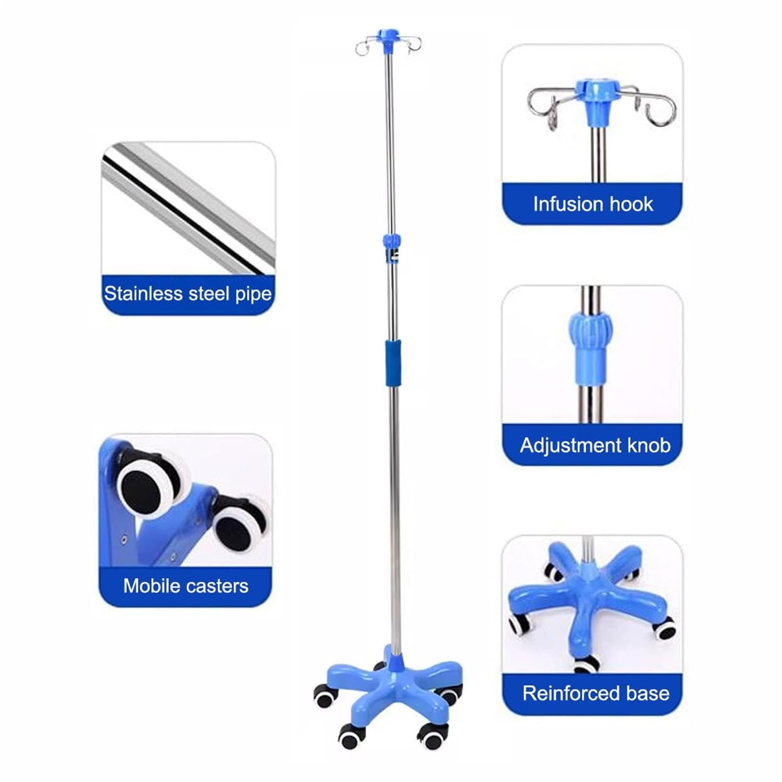 Portasueros médico con ruedas de acero inoxidable Soporte para suero | Soporte intravenoso ajustable de 1,5-2 m de altura con 4 ganchos for hogar hospitalario