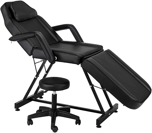 Silla de tatuaje con taburete Message Bed Spa Salon Mesa Silla facial para cliente Esteticista Capacidad máxima de peso 330 libras Negro