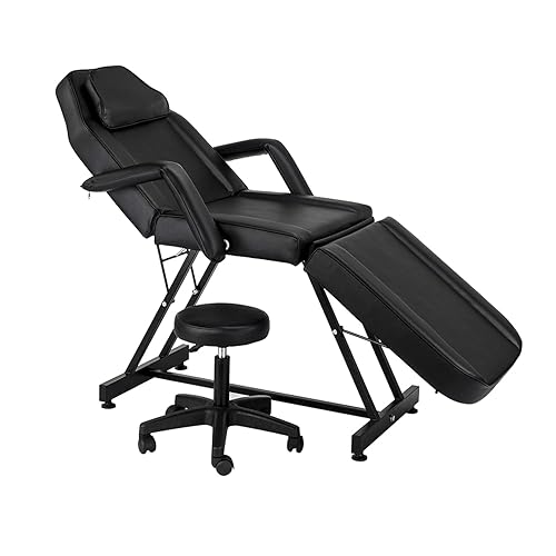 Silla de tatuaje con taburete Message Bed Spa Salon Mesa Silla facial para cliente Esteticista Blanco Capacidad máxima de peso 330lbs Negro