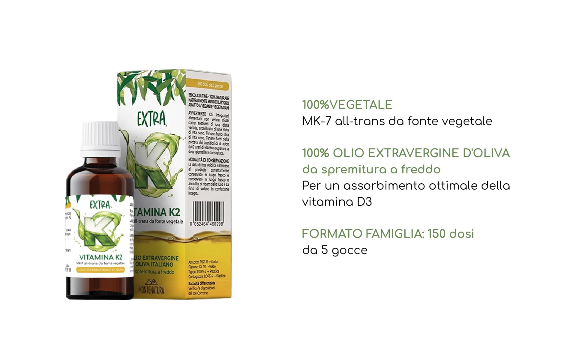 Extra K Vitamina K2 MK-7 Liquida in Gocce | Integratore Ossa. Alto Assorbimento in Olio Extravergine d' Oliva EVO Italiano | 100% Naturale, Vegetale, Vegano, Senza Glutine | 150 Dosi