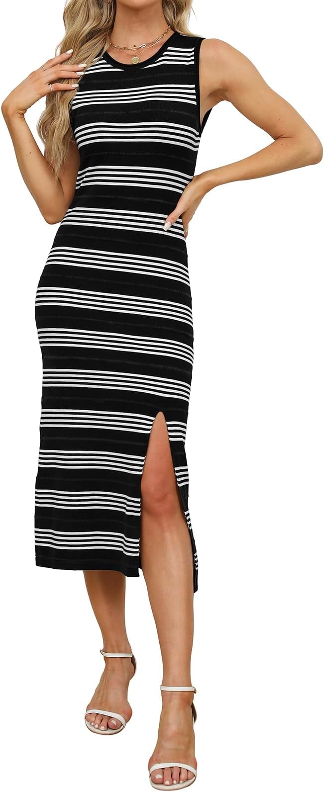 Womens Bodycon Summer Casual Midi Sundress Sleeveless Cute Hollow Out Knit Side Slit Striped Long Tank Dress