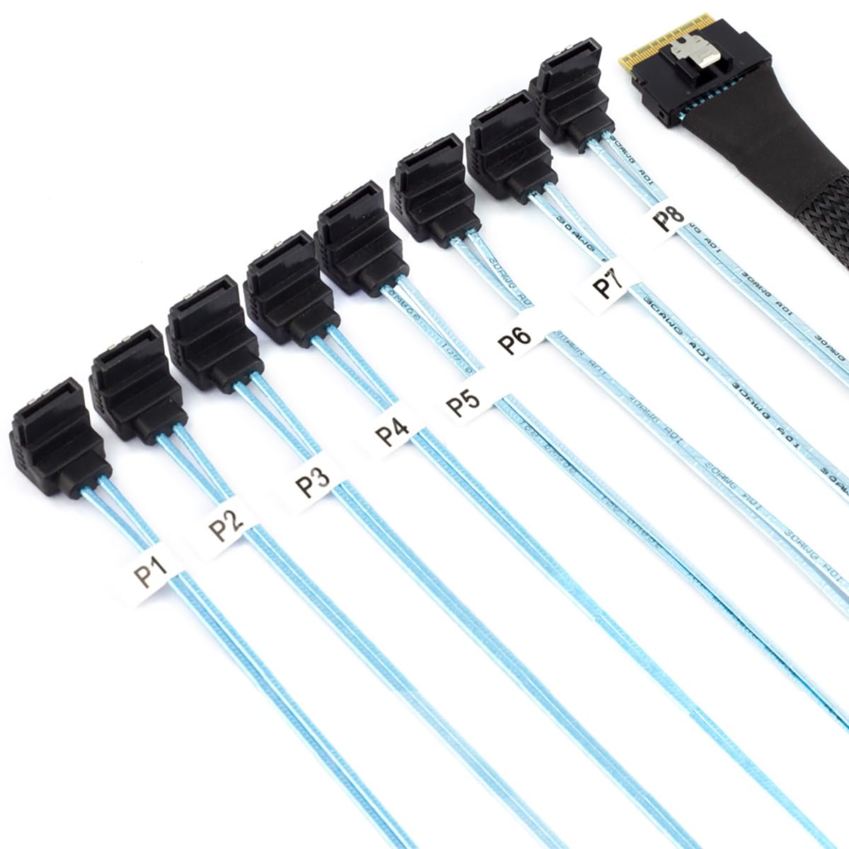 Câble PCIe Slimline SAS SFF-8654 8i vers 8* SATA 90 degrés - Câble de transfert de données pour disque dur haute vitesse 24 Gbit/s 32 AWG 8 canaux (0,5 m)