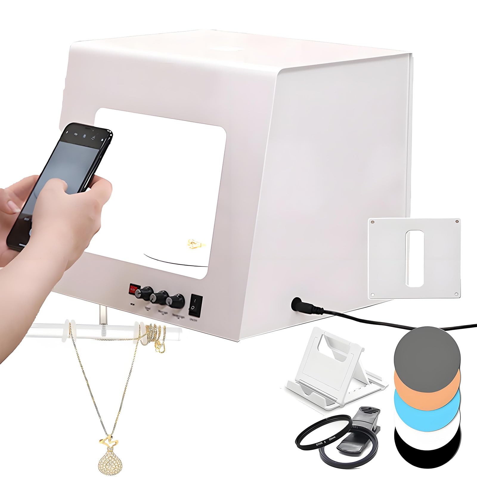Profesjonalny Zestaw Light Box do Fotografii Biżuterii z 360° Funkcją Elektrycznego Obrót, 4 Światła Wypełniające - Regulacja Jasności, Mini Studia Fotograficzne Softbox TB300