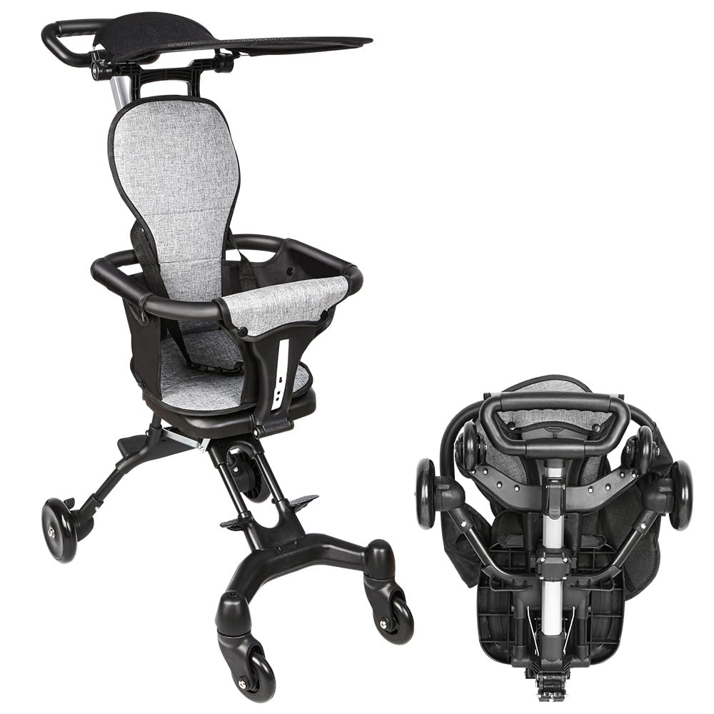 Poussette Compacte - Jusqu'à 25 kg, Inclinable, Pliable avec Porte-Gobelet, Habillage Pluie, Capote Pare-Soleil (UPF 50+) et Panier Course XL-30 * 55 * 86,5 cm - Gris + Noir