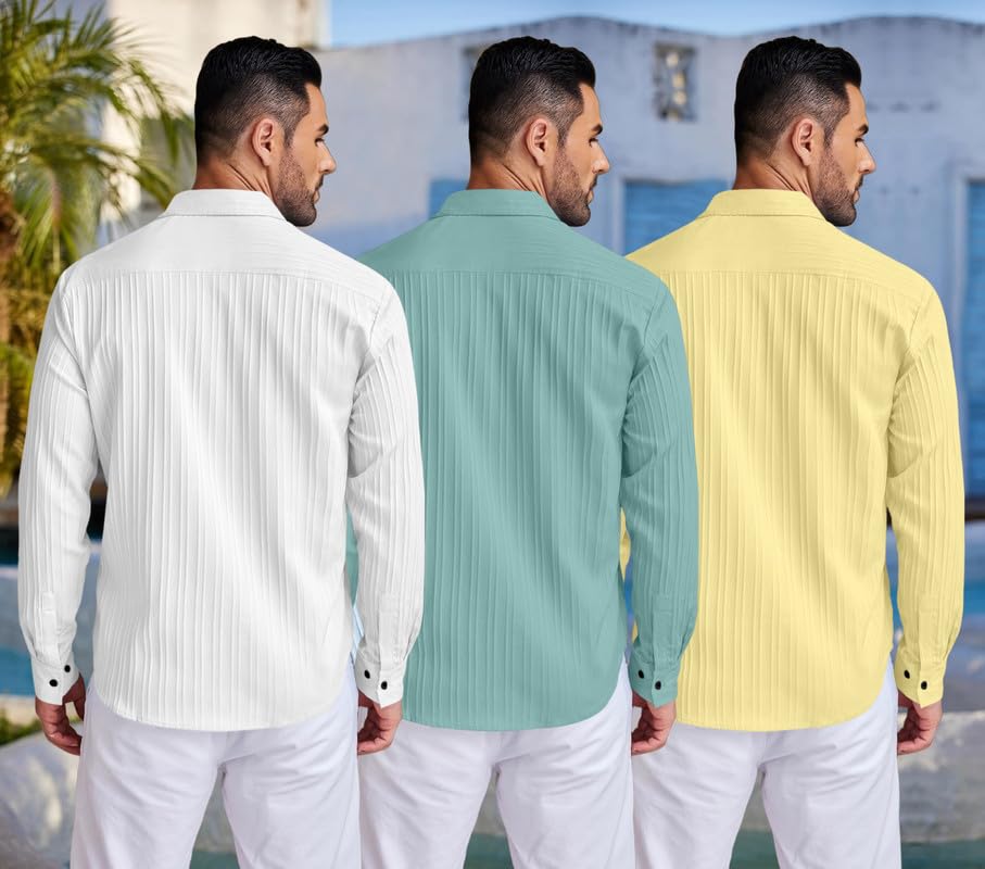 Image of FINIVO FASHION Combo of Men's Casual Cotton Plain Button Down Shirt Long Sleeve Textured Summer Beach Shirt for Men Pack of 3