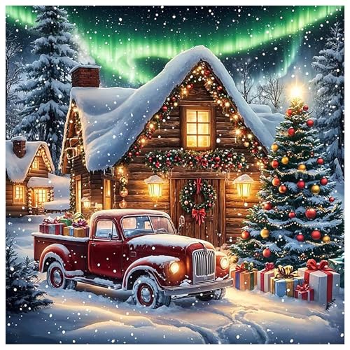 Christmas Truck Stamped Cross Stitch Kits for Adults -Winter Embroidery Kits for Beginners Adults,11 CT Patterns Dimensions Counted Cross Stitch Kits for Adults Arts Craft 14x14 inch