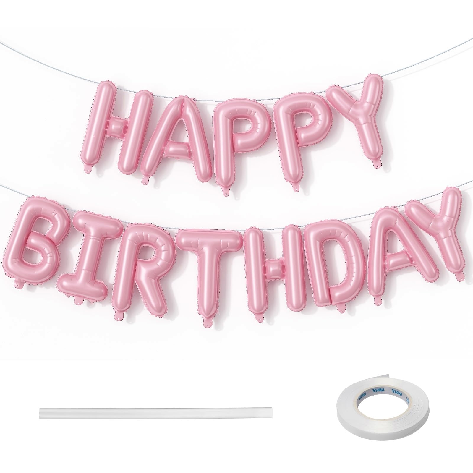 Pink Happy Birthday Balloon Banner, 16 Inch Pastel Pearl Baby Pink Self Inflating Happy Birthday Mylar Foil Balloon, Birthday Bunting Banner Letter