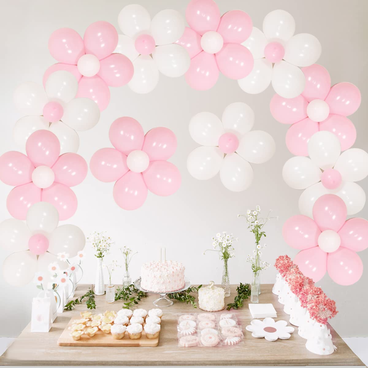 Kit De Ballons En Forme De Marguerite Rose Et Blanc - Guirlande De