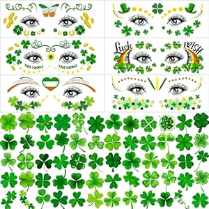 Hotoyannia 120+ PCS Glitter St Patrick’s Day Face Tattoos Stickers, Two Sizes Glitter Body Jewelry Lucky Shamrock Clover Tattoos, St. Patrick’s Day Accessories Temporary Tattoos for Irish Party