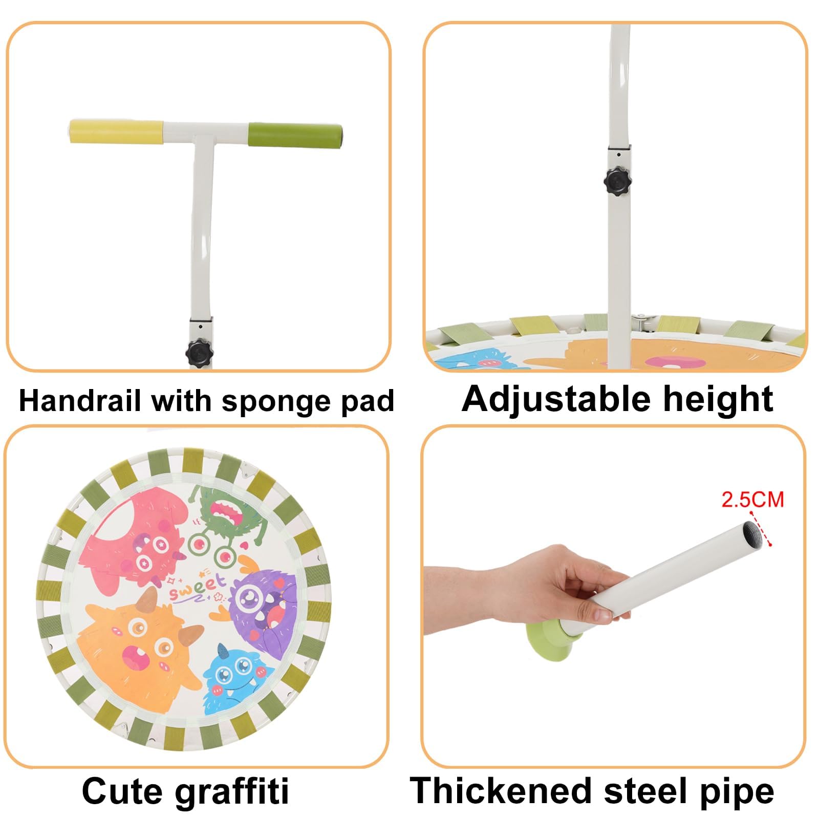 Trampolino per Bambini da Interno e Interni Ø101cm,Trampolino Elastico Fitness Pieghevole con Manico in Schiuma Regolabile in 3 Posizioni e Ventose Antiscivolo,Tappeto Elastico Bambini, Portata 80 kg