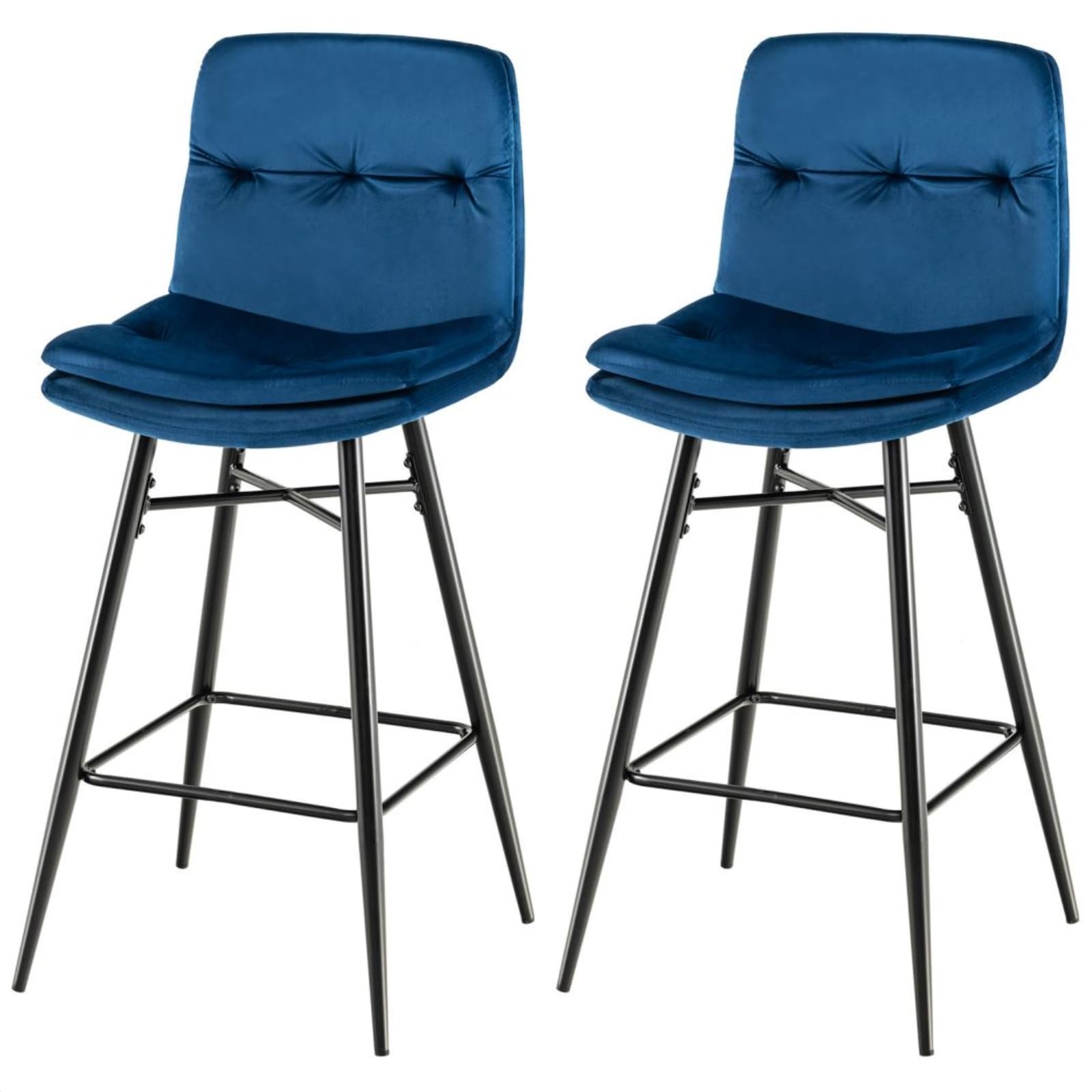 TANGZON Bar Stools Set of 2, Velvet Upholstered Bar Chairs with Tufted Backrest, Footrest & Anti-slip Foot Pads, Breakfast Counter Height Chairs for Pub Kitchen Living Dining Room (Blue)