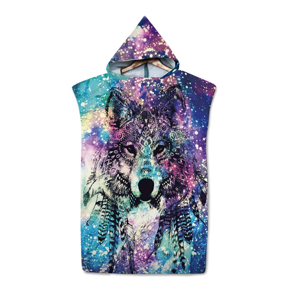 FANSU Adult Hooded Beach Towel Surf Changing Towel Robe Poncho Blanket for Man & Woman Beach Surfing Swimming Bathing Microfibre Changing Wetsuit (65x75cm,feather wolf)