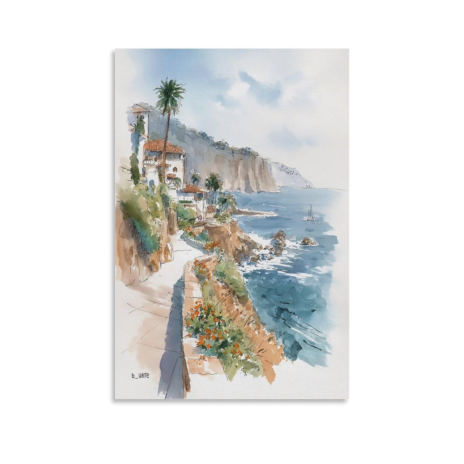 XWYMXZ La Jolla Coast Watercolor Painting San Diego Posters 24x36inch(60x90cm) Vintage Watercolor Canvas Art