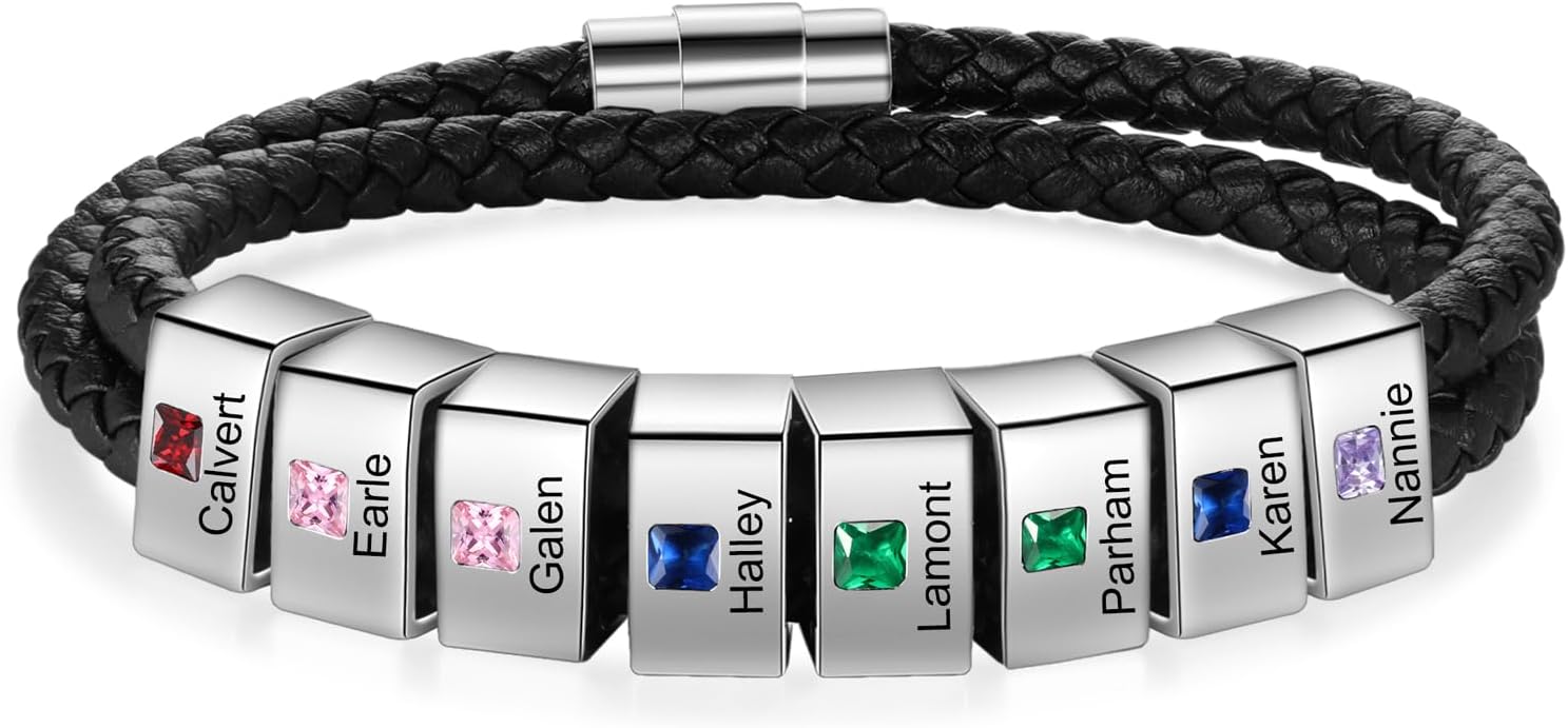 Personalized Mens Bracelets with Engraved 1-8 Names Birthstone Bracelets for Men Customized Leather Bracelet for Dad Husband Jewelry Gifts for Fathers Day