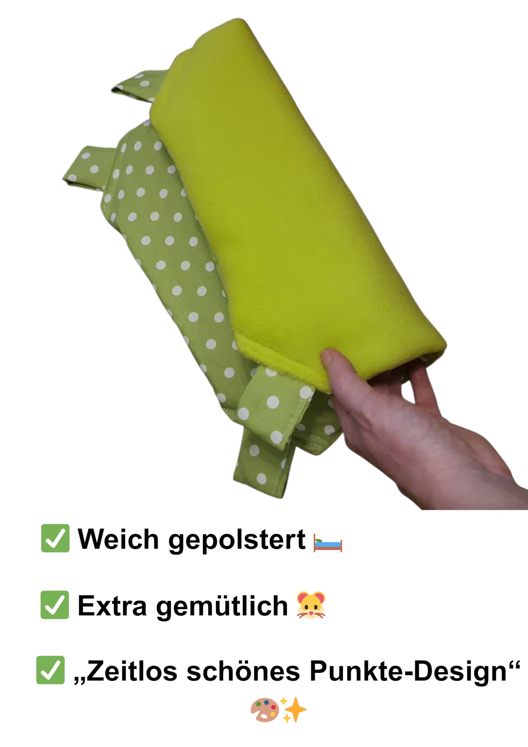 Meerschweinchen-Hängematte mit Holzgestell – montiert geliefert – Handgemacht – Kuschelhängematte für Kleintiere – grün mit weißen Punkten