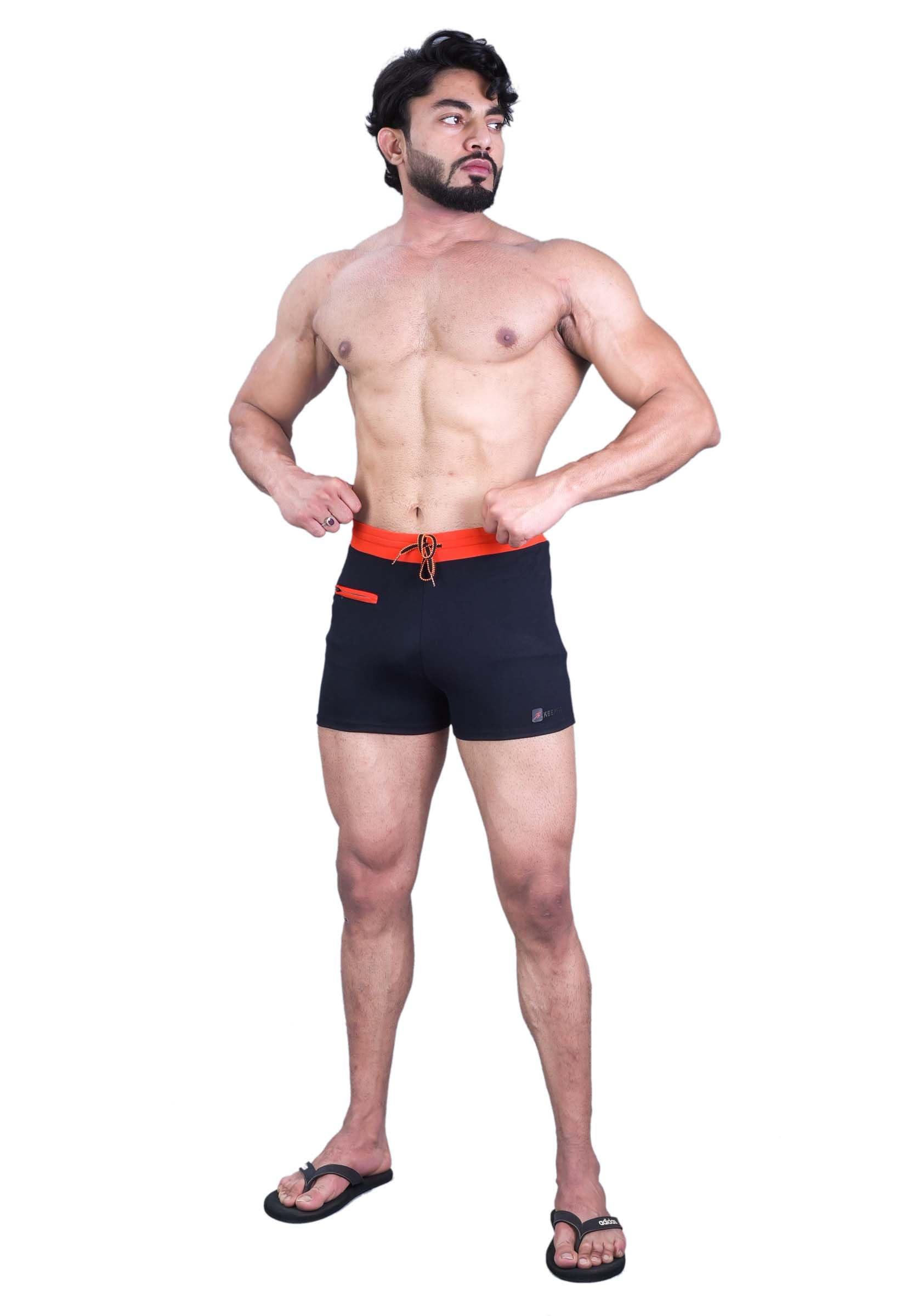 Men Black Swimming Trunks with Orange Contrast Waistband-image-0
